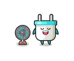 cute electric plug is standing in front of the fan vector