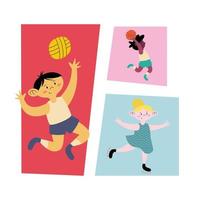 three kids practicing sports vector