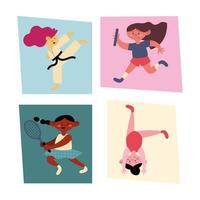 cuatro chicas practicando deporte vector