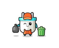 the mascot of cute electric plug as garbage collector vector
