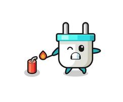 electric plug mascot illustration playing firecracker vector