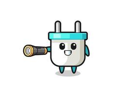 electric plug mascot holding flashlight vector