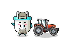 the electric plug farmer mascot standing beside a tractor vector