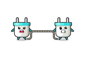 cute electric plug character is playing tug of war game vector