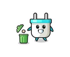 illustration of the electric plug throwing garbage in the trash can vector