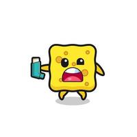 sponge mascot having asthma while holding the inhaler vector