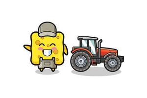 La mascota del granjero de esponjas de pie junto a un tractor. vector