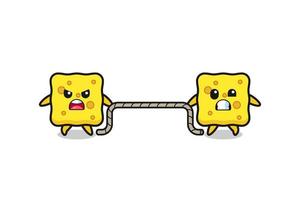 cute sponge character is playing tug of war game vector