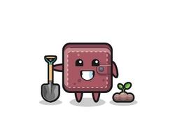 cute leather wallet cartoon is planting a tree seed vector