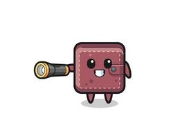 leather wallet mascot holding flashlight vector