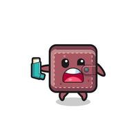 leather wallet mascot having asthma while holding the inhaler vector