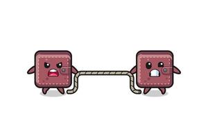 cute leather wallet character is playing tug of war game vector