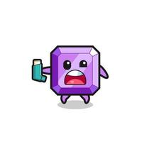 mascota de la piedra preciosa púrpura que tiene asma mientras sostiene el inhalador vector