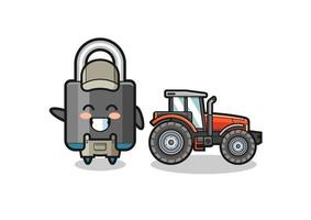 the padlock farmer mascot standing beside a tractor vector