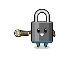 padlock mascot holding flashlight vector