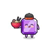 piedra preciosa púrpura como mascota del chef chino sosteniendo un cuenco de fideos vector