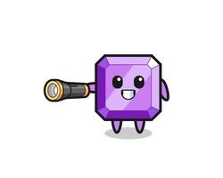 purple gemstone mascot holding flashlight vector