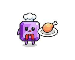 personaje de dibujos animados de chef de pollo frito de piedras preciosas púrpuras vector