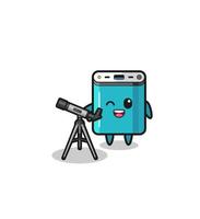 mascota del astrónomo del banco de energía con un telescopio moderno vector