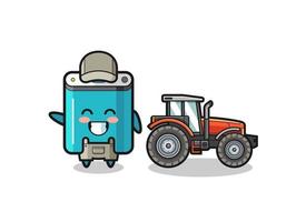 the power bank farmer mascot standing beside a tractor vector