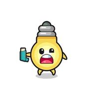 light bulb mascot having asthma while holding the inhaler vector