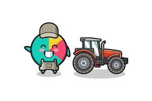 la mascota del granjero gráfico de pie junto a un tractor vector