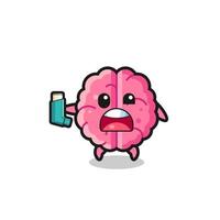 brain mascot having asthma while holding the inhaler vector