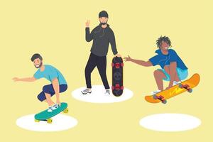 three skaters boys characters vector