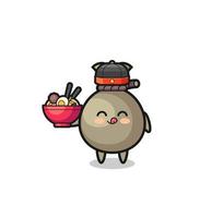 money sack as Chinese chef mascot holding a noodle bowl vector