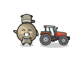 la mascota del granjero del saco de dinero de pie junto a un tractor vector