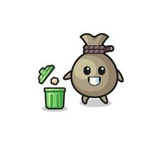 illustration of the money sack throwing garbage in the trash can vector