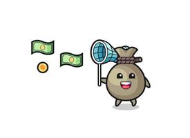 illustration of the money sack catching flying money vector