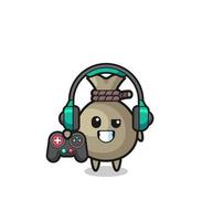 money sack gamer mascot holding a game controller vector