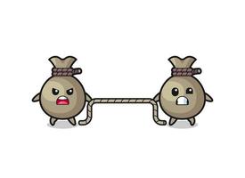 cute money sack character is playing tug of war game vector