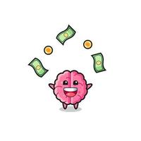 Ilustración del cerebro atrapando dinero cayendo del cielo. vector