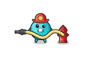 exercise ball cartoon as firefighter mascot with water hose vector