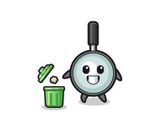 illustration of the magnifying glass throwing garbage in the trash can vector