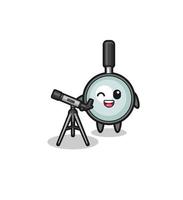 Mascota de astrónomo de lupa con un telescopio moderno. vector