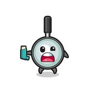 magnifying glass mascot having asthma while holding the inhaler vector