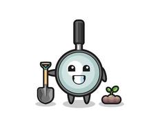 cute magnifying glass cartoon is planting a tree seed vector