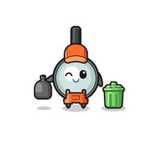 the mascot of cute magnifying glass as garbage collector vector