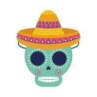 cabeza de calavera con sombrero mexicano tradicional vector