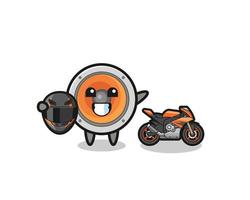 cute loudspeaker cartoon as a motorcycle racer vector