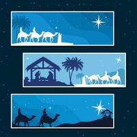 three nativity mangers cards vector