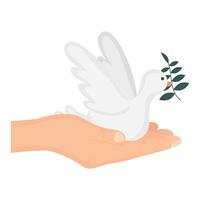 hand lifting dove flying with olive branch vector