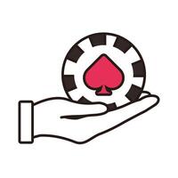 Mano levantando fichas de casino con icono aislado de pala vector