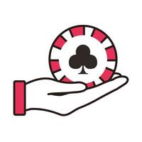 hand lifting casino chip with clover isolated icon vector