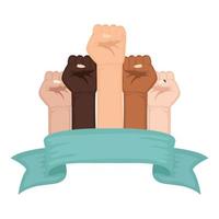 interracial hands fist with ribbon frame vector