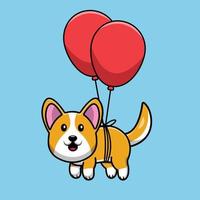 Cute Corgi Dog Floating With Balloon Illustration vector