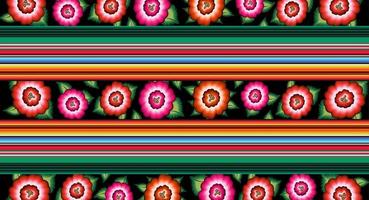 banner mexicano patrón de bordado floral, diseño de moda folklórica étnica colorida flores nativas. Bordado de estilo textil tradicional de México, vector aislado sobre fondo rayado
